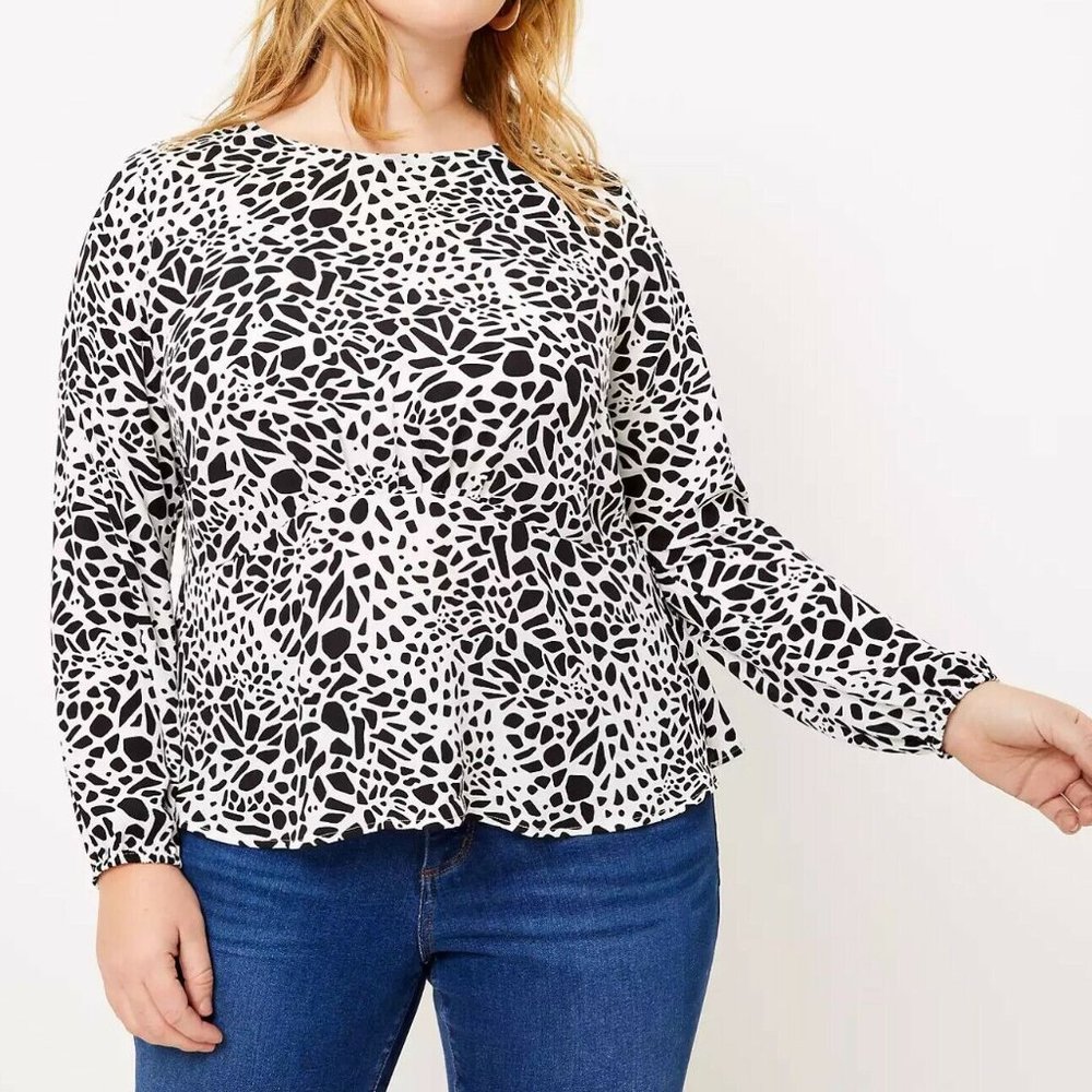 LOFT Long Sleeve Peplum Blouse - Black White - Abstract Animal Print - Size 16W